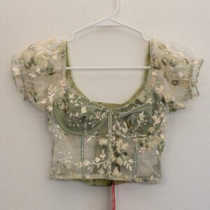 Romantic Sheer Puff Sleeve Floral Embroidered Mesh Crop Top Size Small